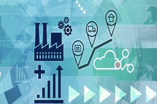 工場、ロードマップ、クラウドネットワーク、利益増加アイコンのコラージュ。