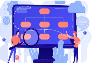 Clipart-Grafik von zwei Männern, die auf einem Computer ein Flussdiagramm analysieren. Dabei hält der eine eine Lupe und der andere ein Notebook.