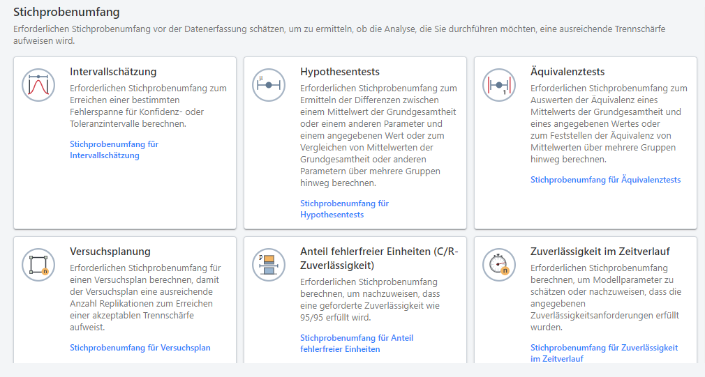 Die Funktionen für das Modul „Stichprobenumfang“