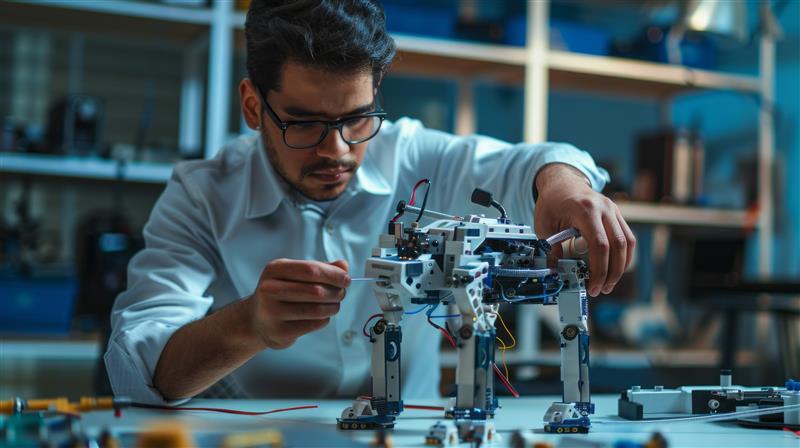 Ein Maschinenbauingenieur montiert sorgfältig einen Prototyp eines vierbeinigen Roboters auf einer Werkbank und justiert Verkabelung und Bauteile in einer Laborumgebung mit Werkzeugen und Geräten.