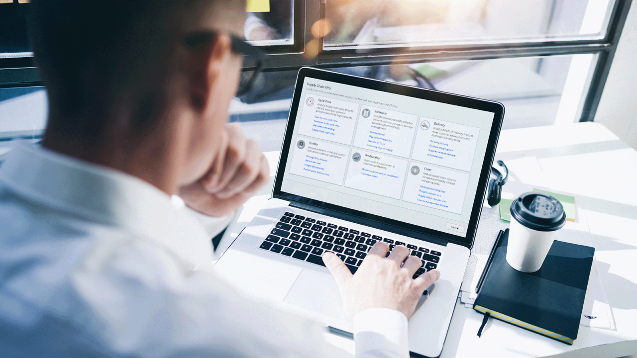 Businessman viewing Minitab's Supply Chain KPIs dashboard with tools to optimize inventory on his laptop.