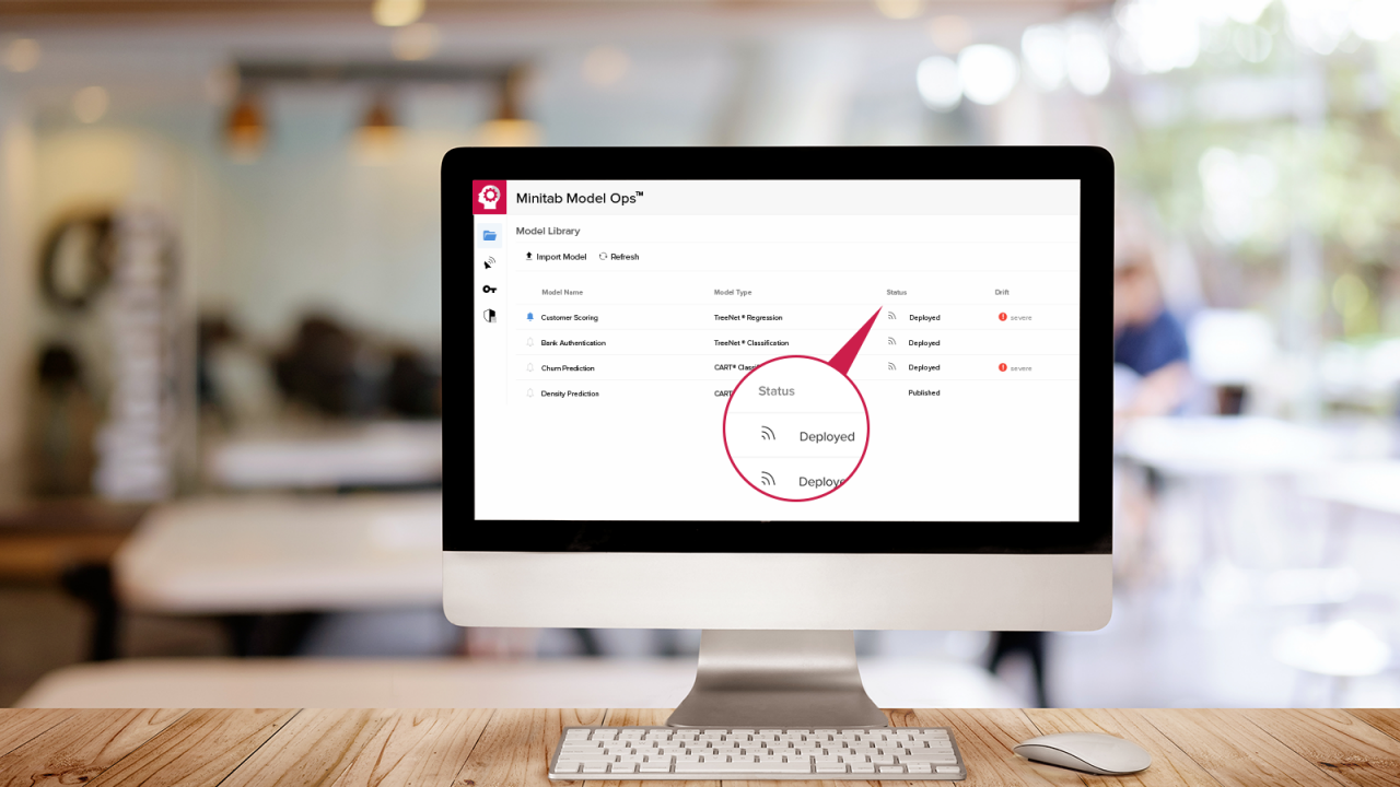 Closeup of feature to operationalize predictive models in Minitab Model Ops on an office computer.