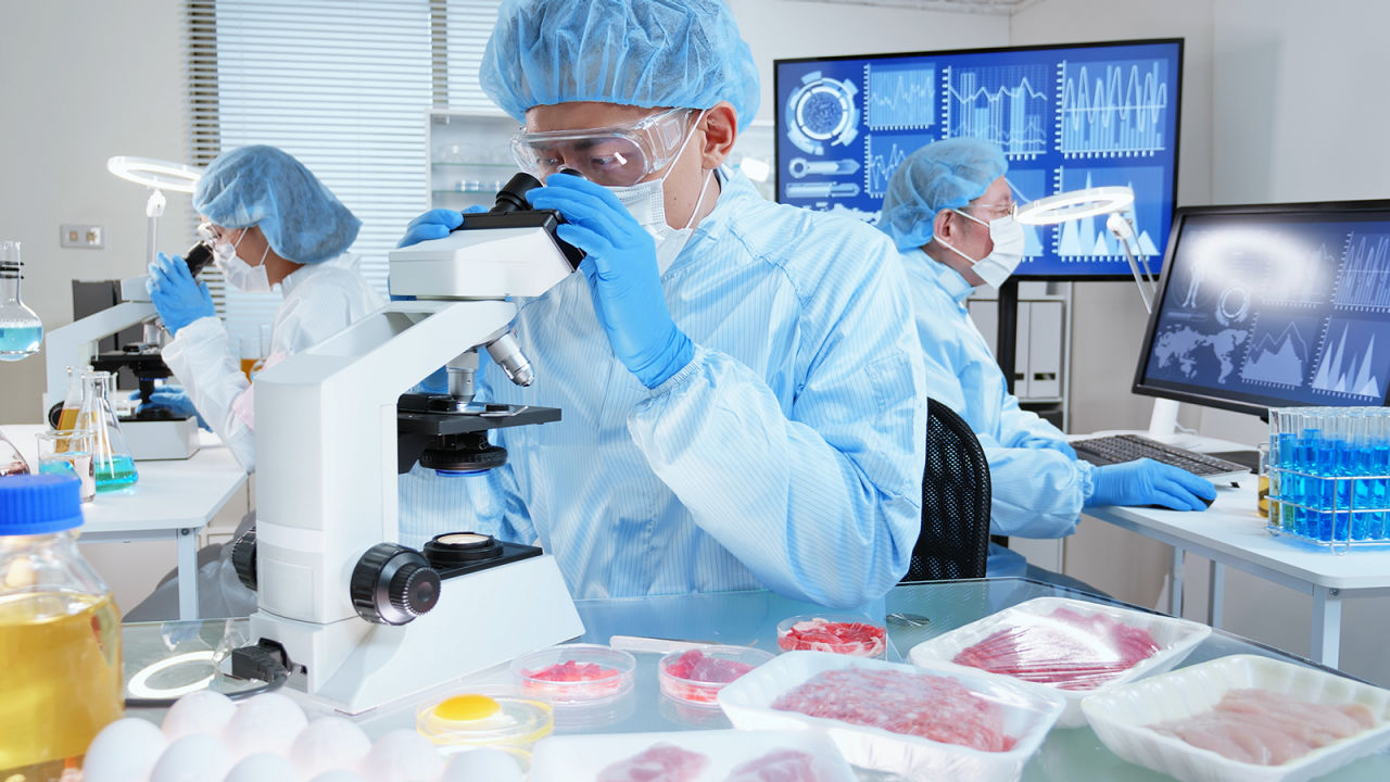 Tres científicos de un laboratorio de alimentos realizan pruebas de contaminación y seguridad alimentaria utilizando microscopios y software de computadora.