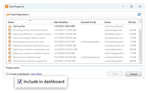 Enregistrer le projet sous Engage avec l’option Inclure dans le tableau de bord activée
